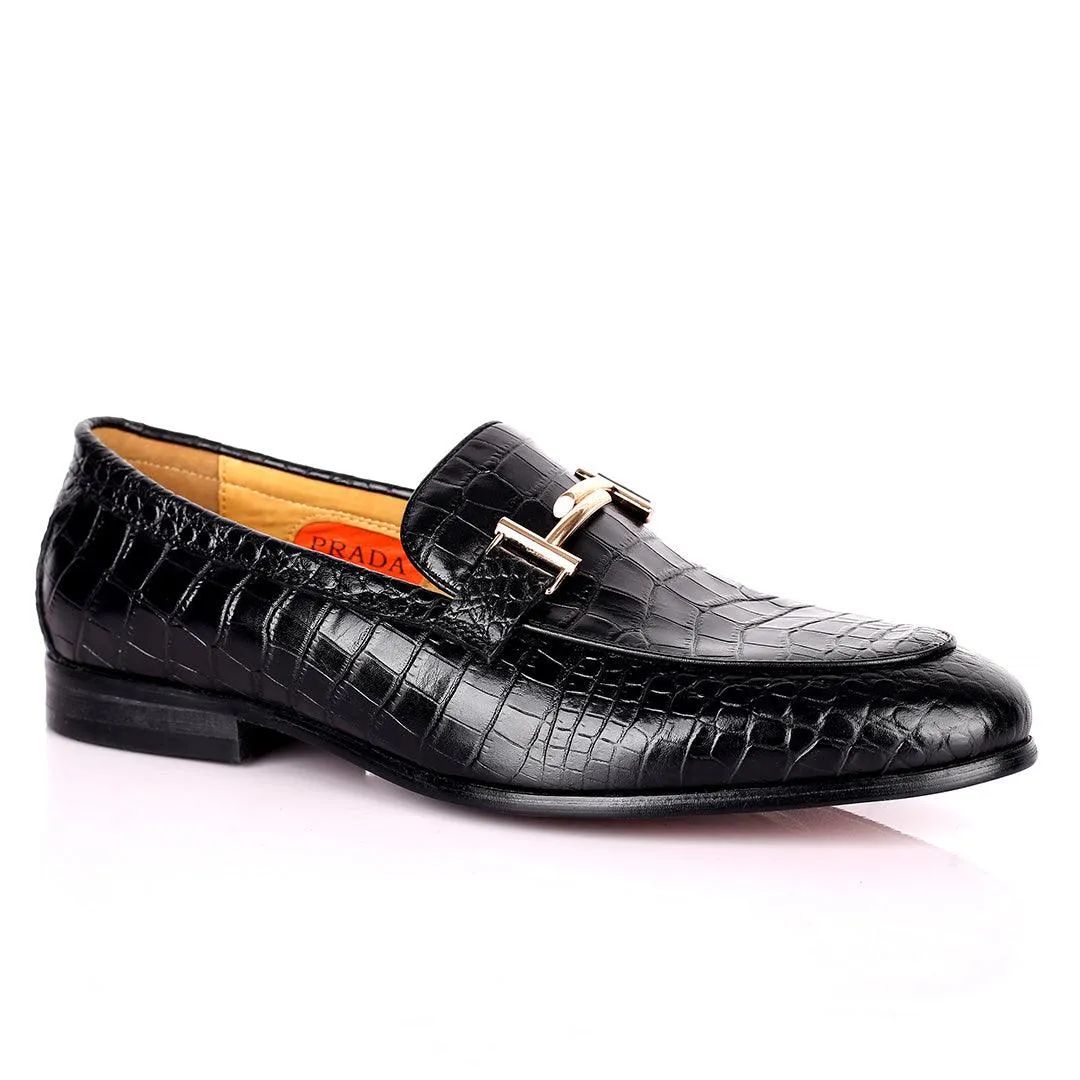 Prad Elegant Croc Leather Logo Designed Formal Shoe - Black