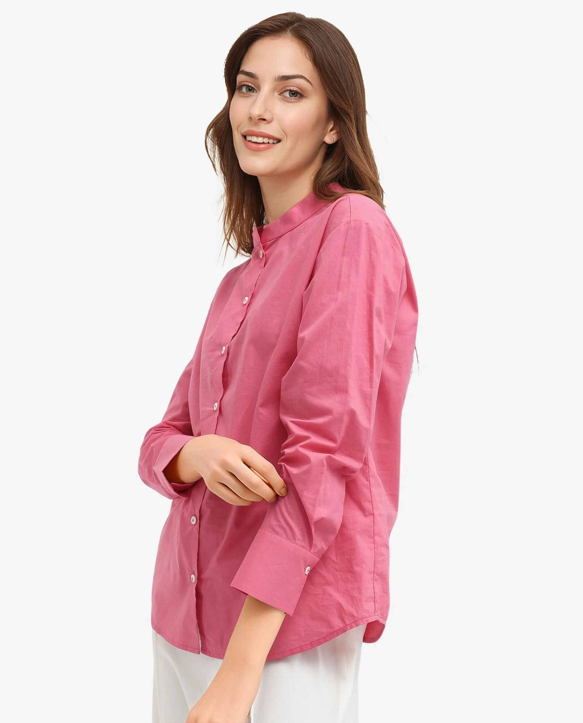 Rareism Women Aytac Light Pink Cotton Fabric Mandarin Collar Solid Shirt