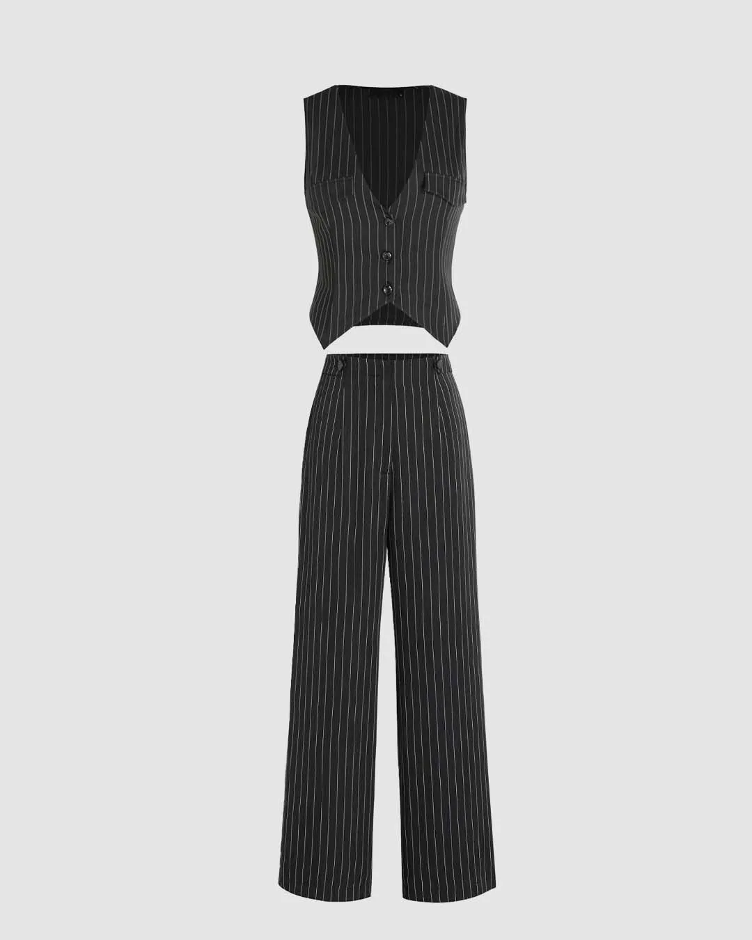 Set of Striped Front Button Blazer & Wide Leg Pants