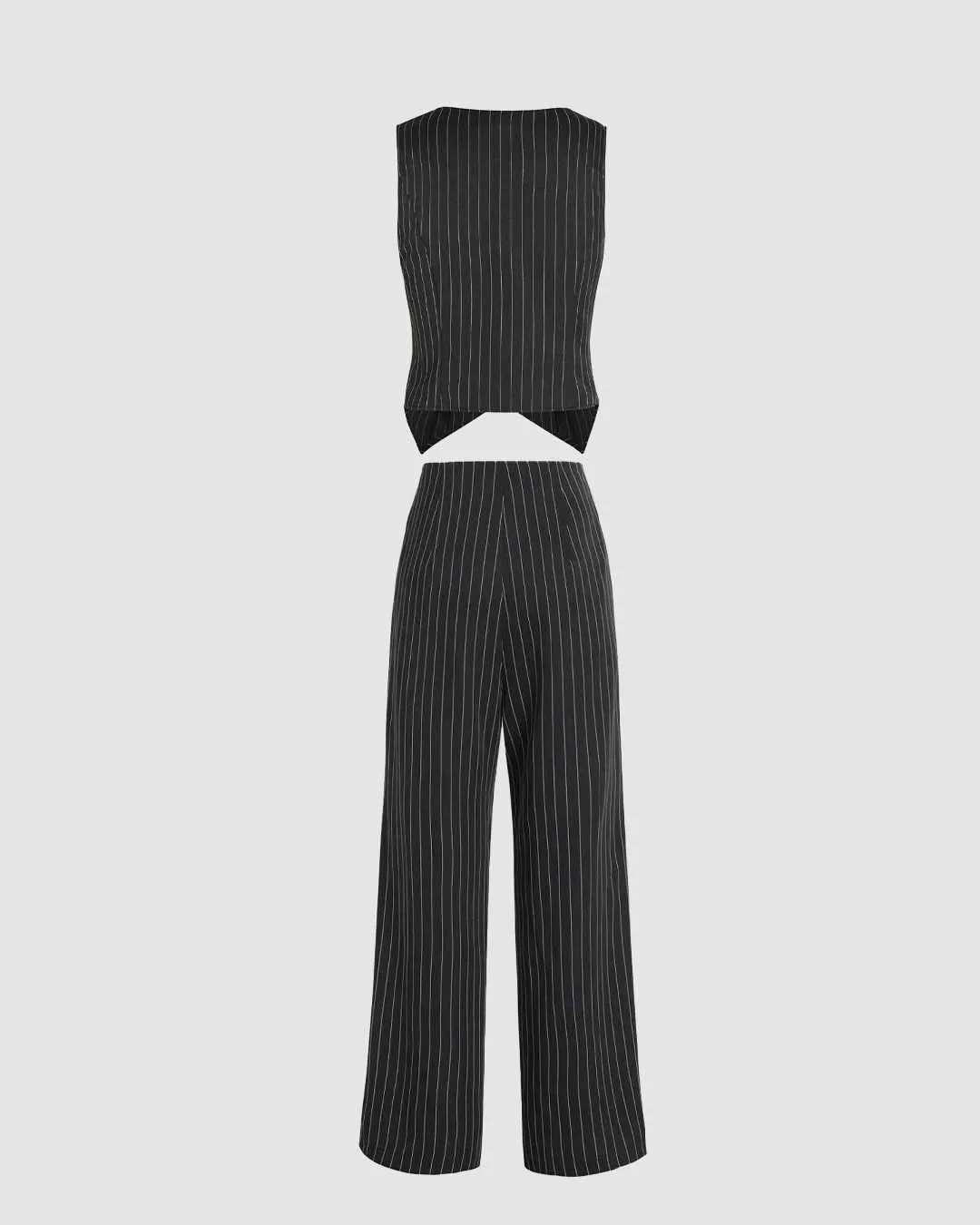 Set of Striped Front Button Blazer & Wide Leg Pants