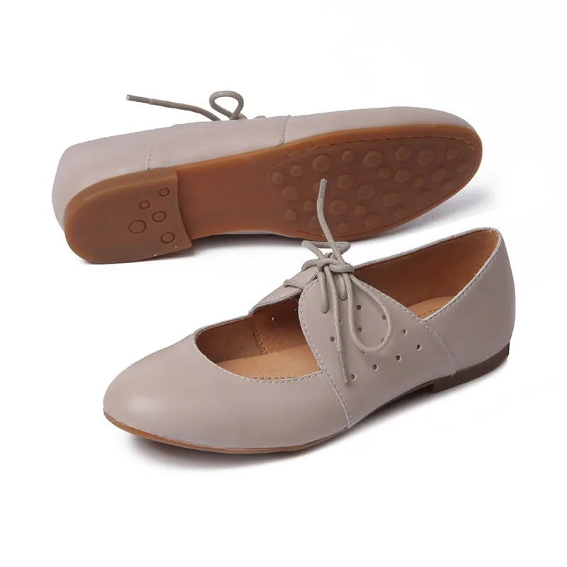 Soft Leather Lace Up Mary Jane Flats Oxfords Handmade in Black/Nude/Brown/Grey