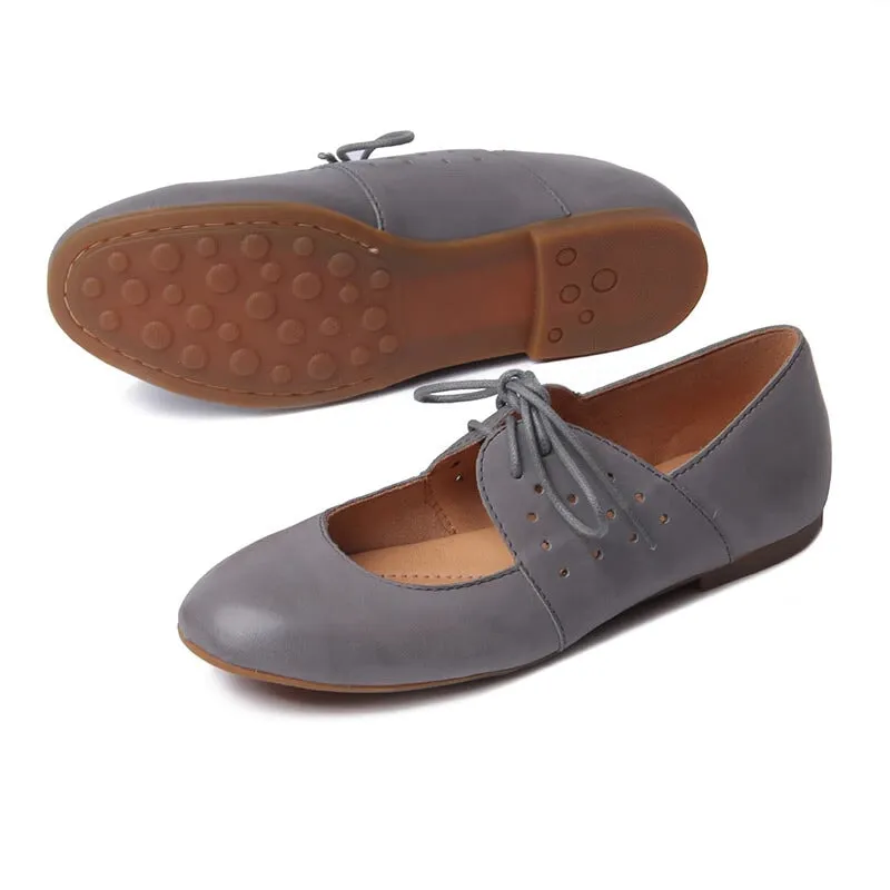 Soft Leather Lace Up Mary Jane Flats Oxfords Handmade in Black/Nude/Brown/Grey