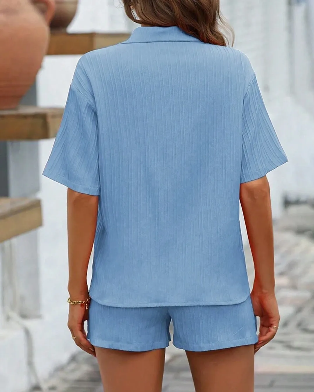 Solid Button Front Shirt and Short Set In Blue