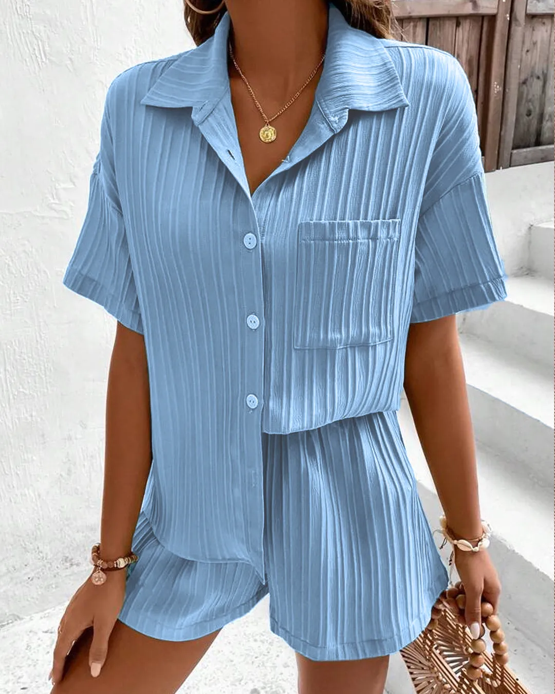 Solid Button Front Shirt and Short Set In Blue