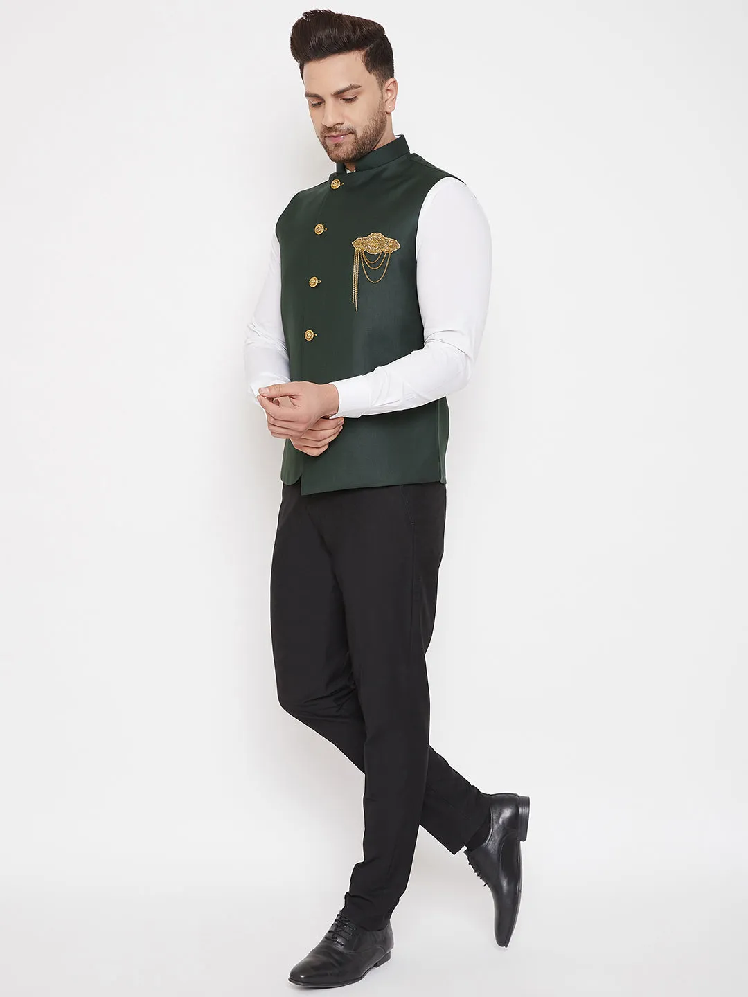 VASTRAMAY Bottle Green Solid Embellished Zardozi Nehru Jacket