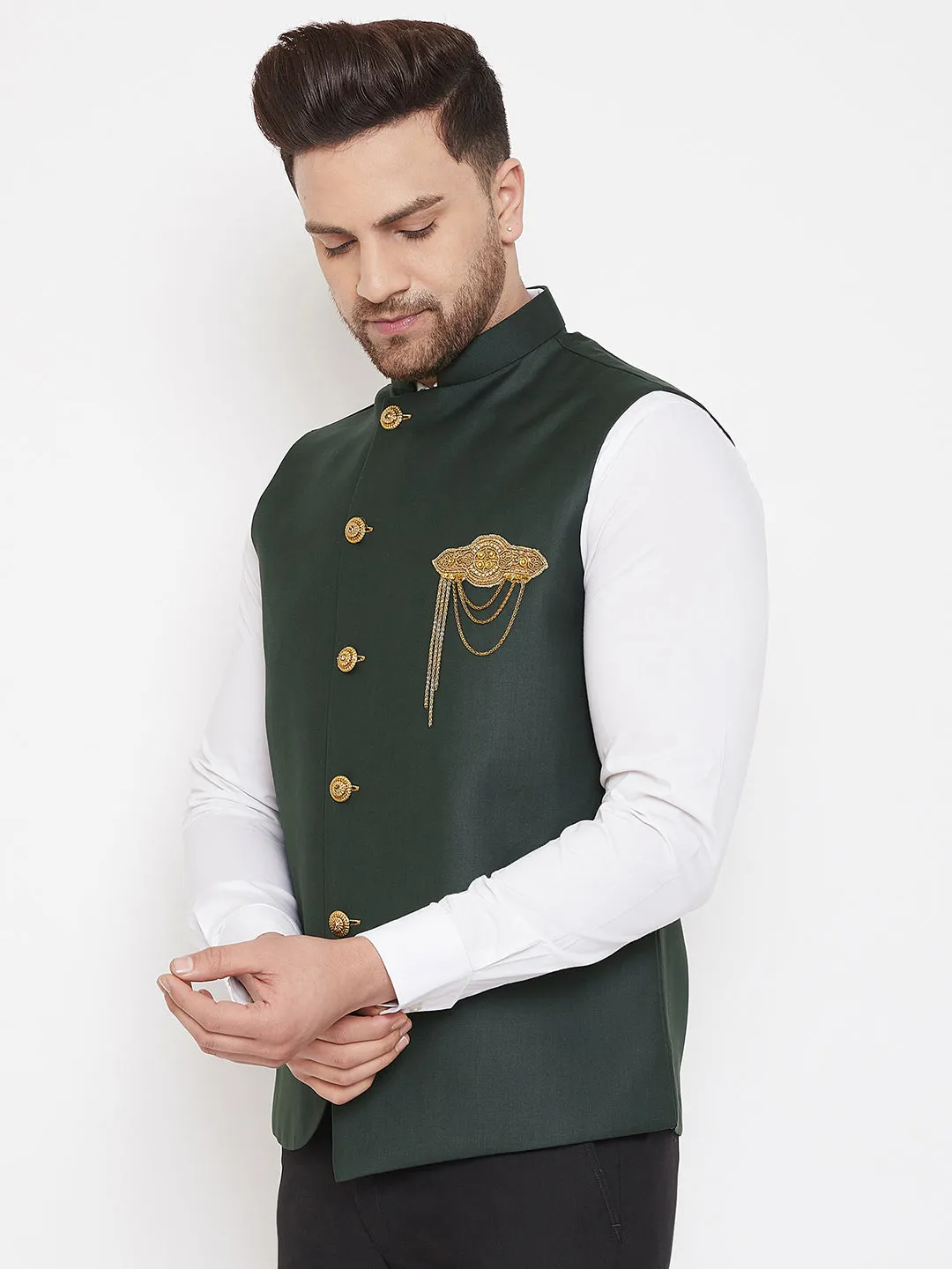 VASTRAMAY Bottle Green Solid Embellished Zardozi Nehru Jacket