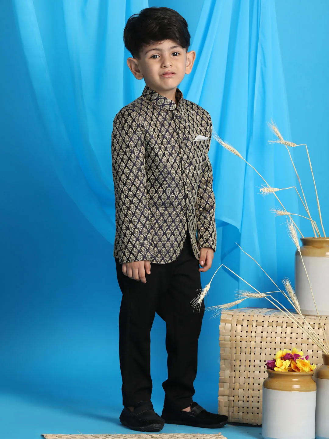 Vastramay Boy's Navy Blue Woven Silk Blend Jodhpuri