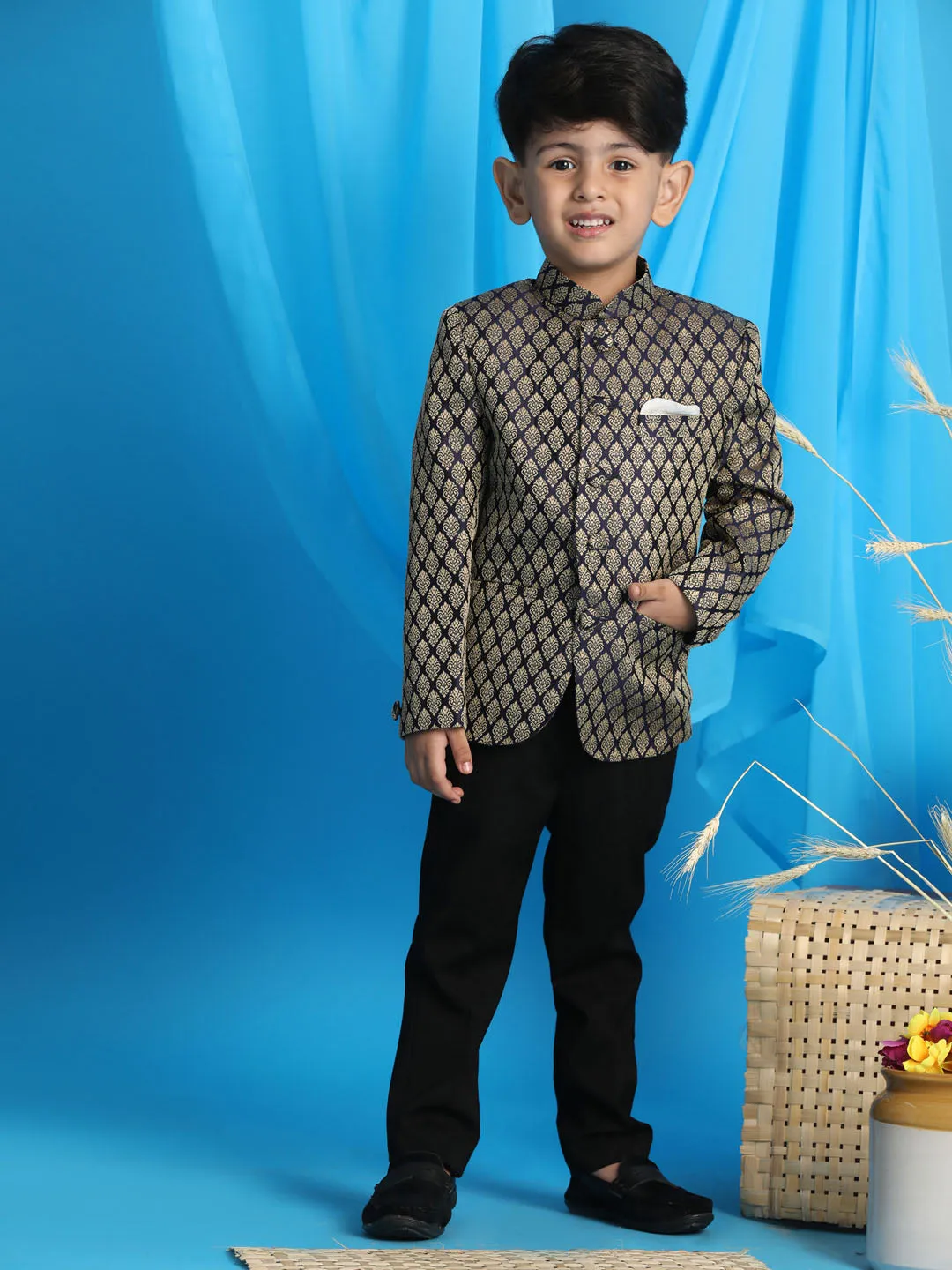 Vastramay Boy's Navy Blue Woven Silk Blend Jodhpuri