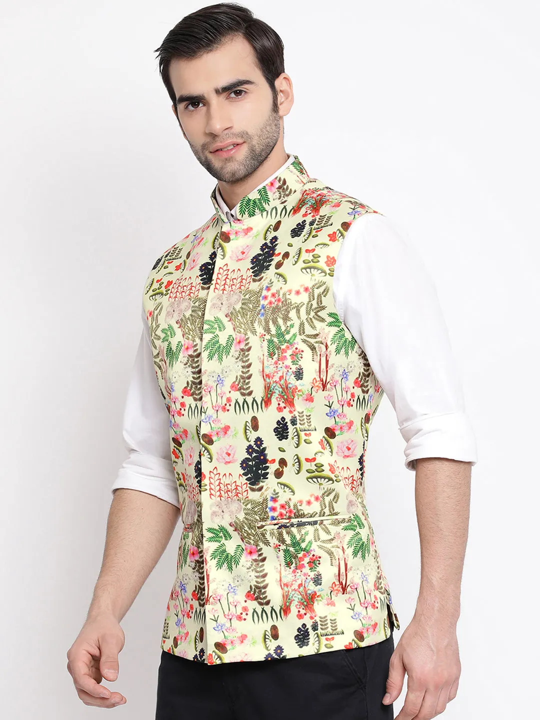 VASTRAMAY Men's Green Digital Printed Royal Nehru Jacket