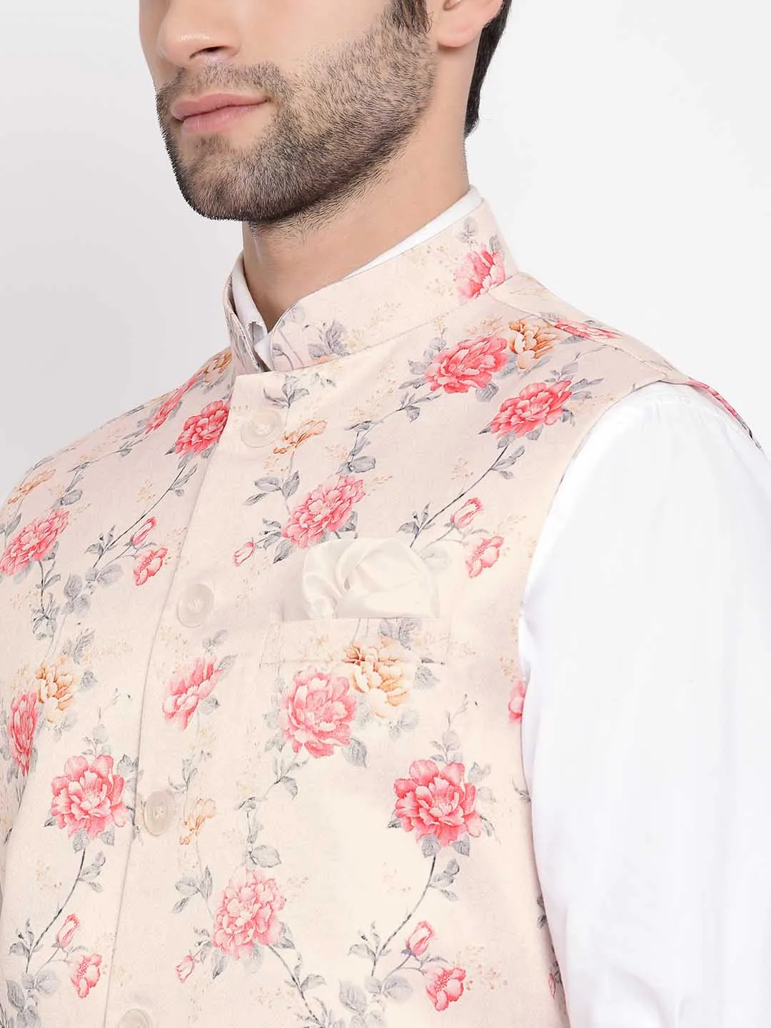 VASTRAMAY Men's Peach Silk Blend Nehru Jacket