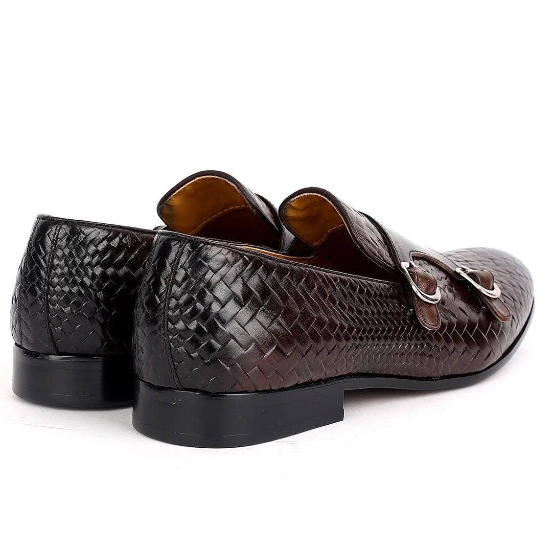 Weston Double Strap Designed Leather  Woven Shoe- Coffee