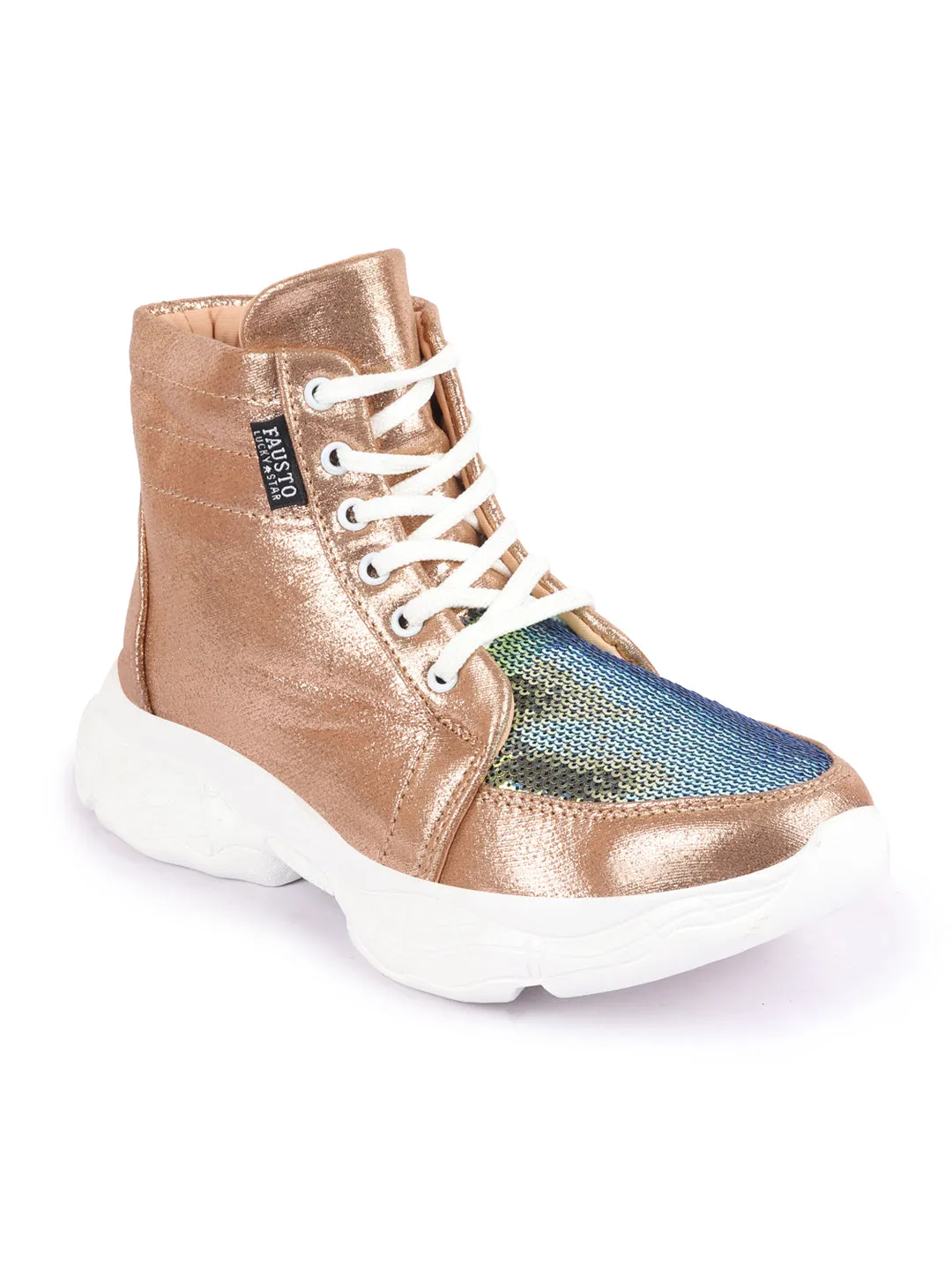 Women Golden High Ankle Lace Up Embellished Sneakers